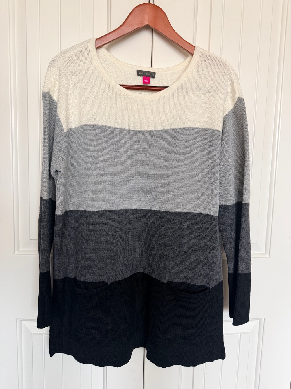 Vince Camuto Cream, Light Gray, Dark Gray & Black Striped Tunic Sweater